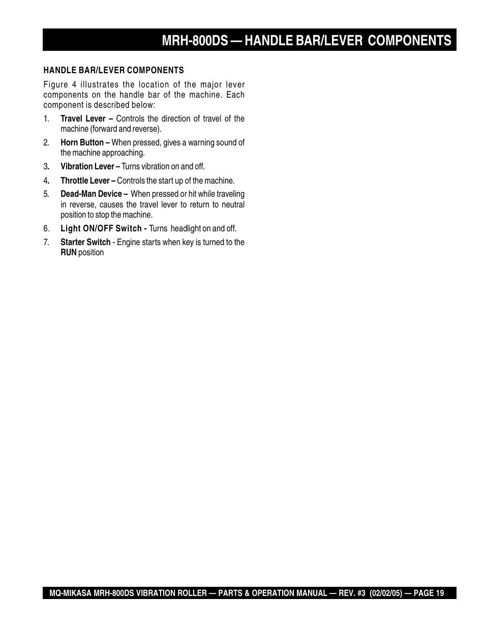 Mrh-800ds — handle bar/lever components | Multiquip MRH800DS User Manual | Page 19 / 96