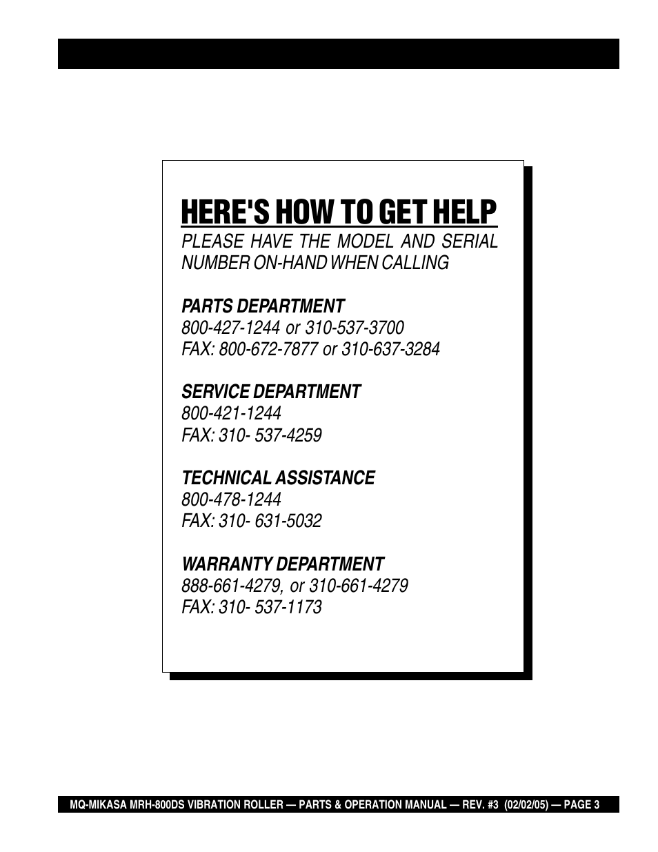 Here's how to get help | Multiquip MRH800DS User Manual | Page 3 / 96