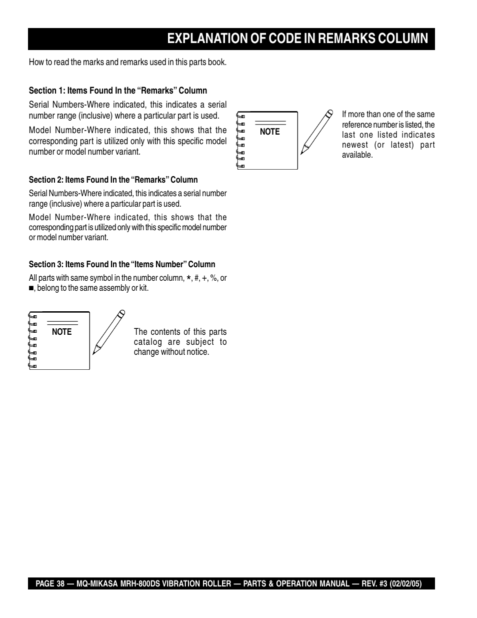 Explanation of code in remarks column | Multiquip MRH800DS User Manual | Page 38 / 96