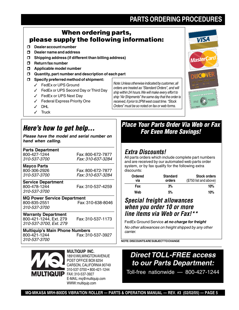 Parts ordering procedures, Here’s how to get help, Direct toll-free access to our parts department | Extra discounts | Multiquip MRH800DS User Manual | Page 5 / 96