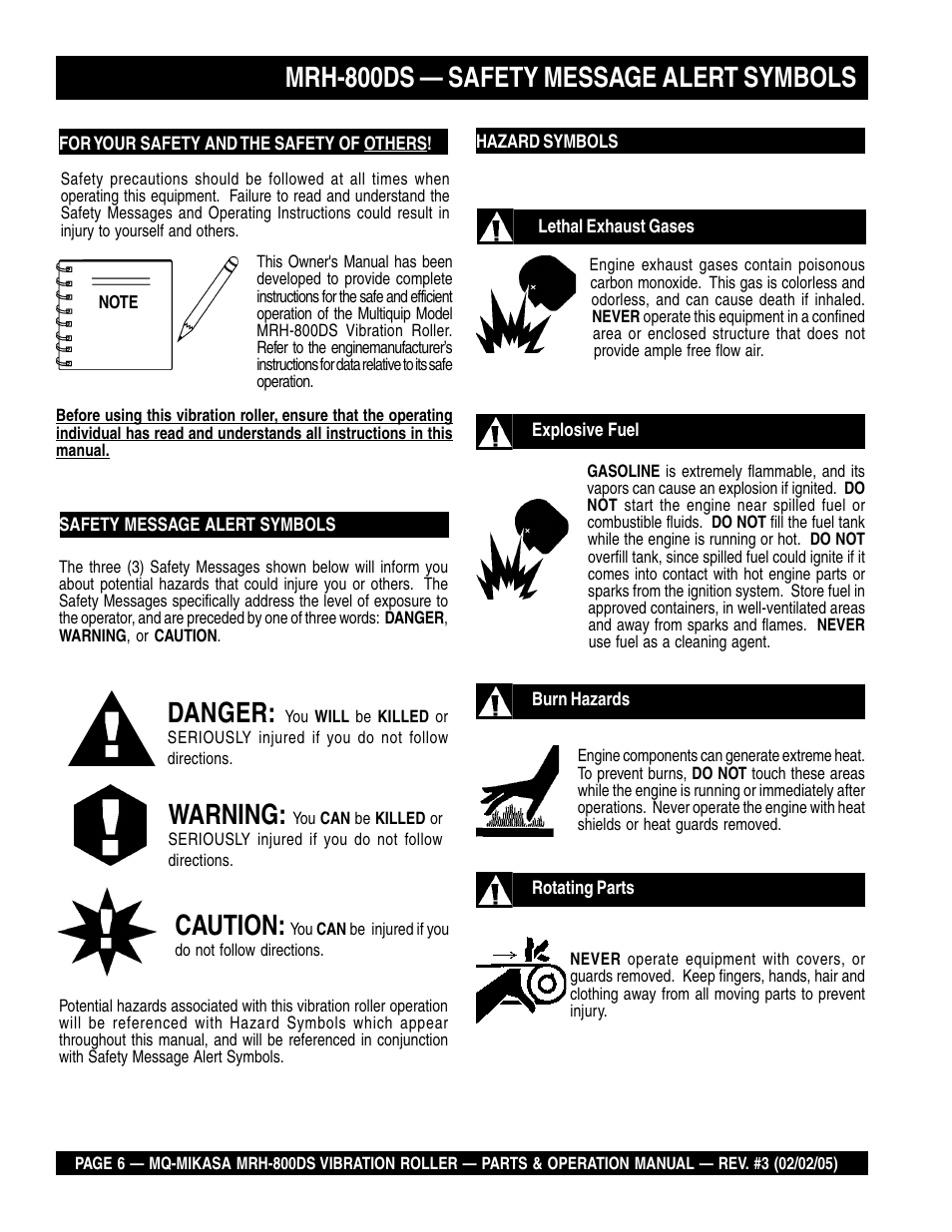 Mrh-800ds — safety message alert symbols, Danger, Warning | Caution | Multiquip MRH800DS User Manual | Page 6 / 96