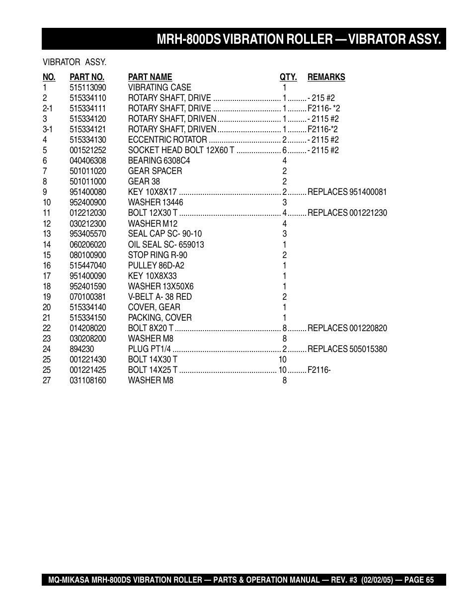 Mrh-800ds vibration roller — vibrator assy | Multiquip MRH800DS User Manual | Page 65 / 96