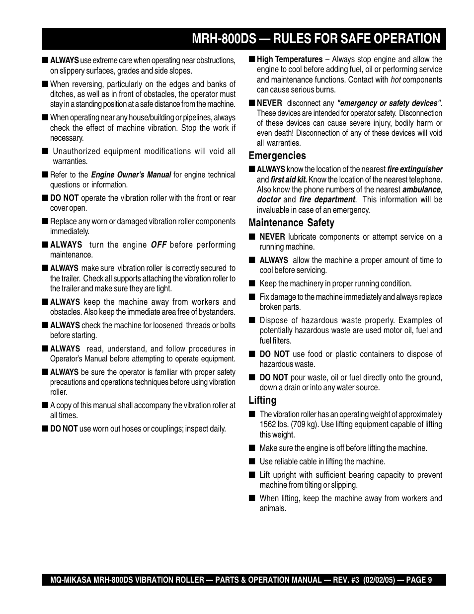 Mrh-800ds — rules for safe operation, Emergencies, Maintenance safety | Lifting | Multiquip MRH800DS User Manual | Page 9 / 96