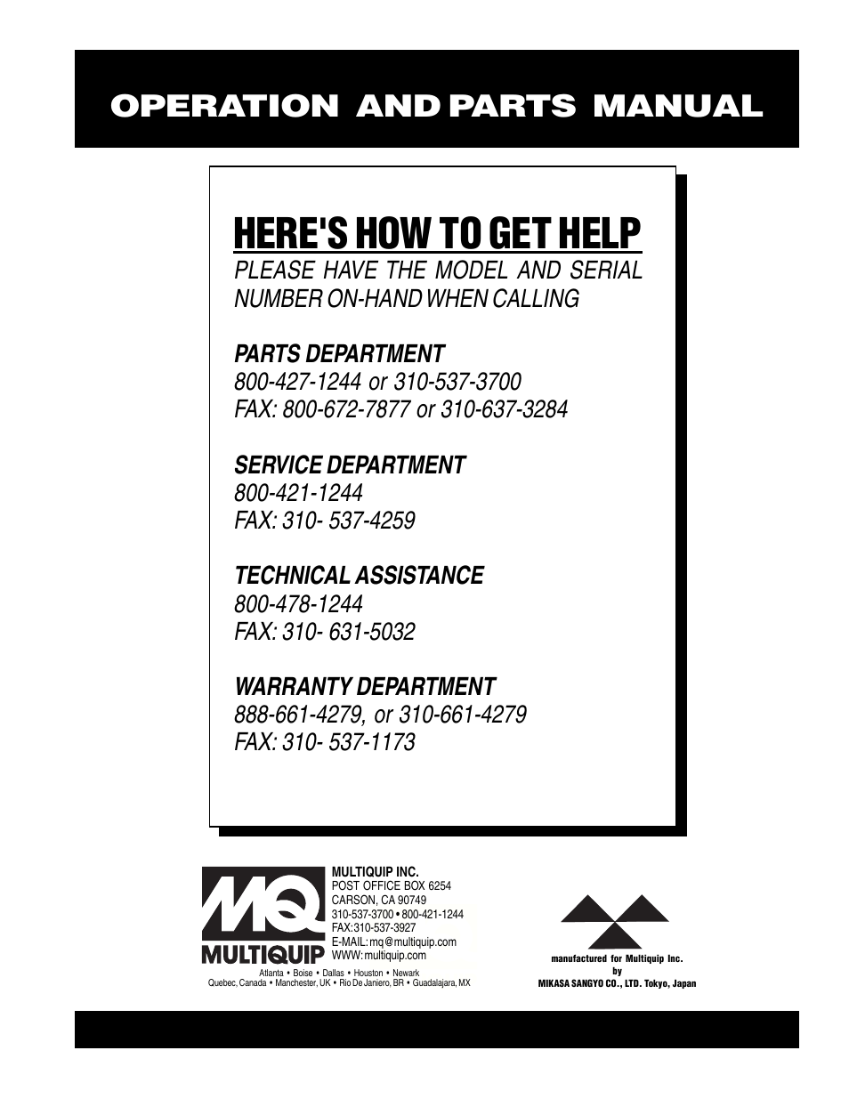 Here's how to get help, Operation and parts manual | Multiquip MRH800DS User Manual | Page 96 / 96