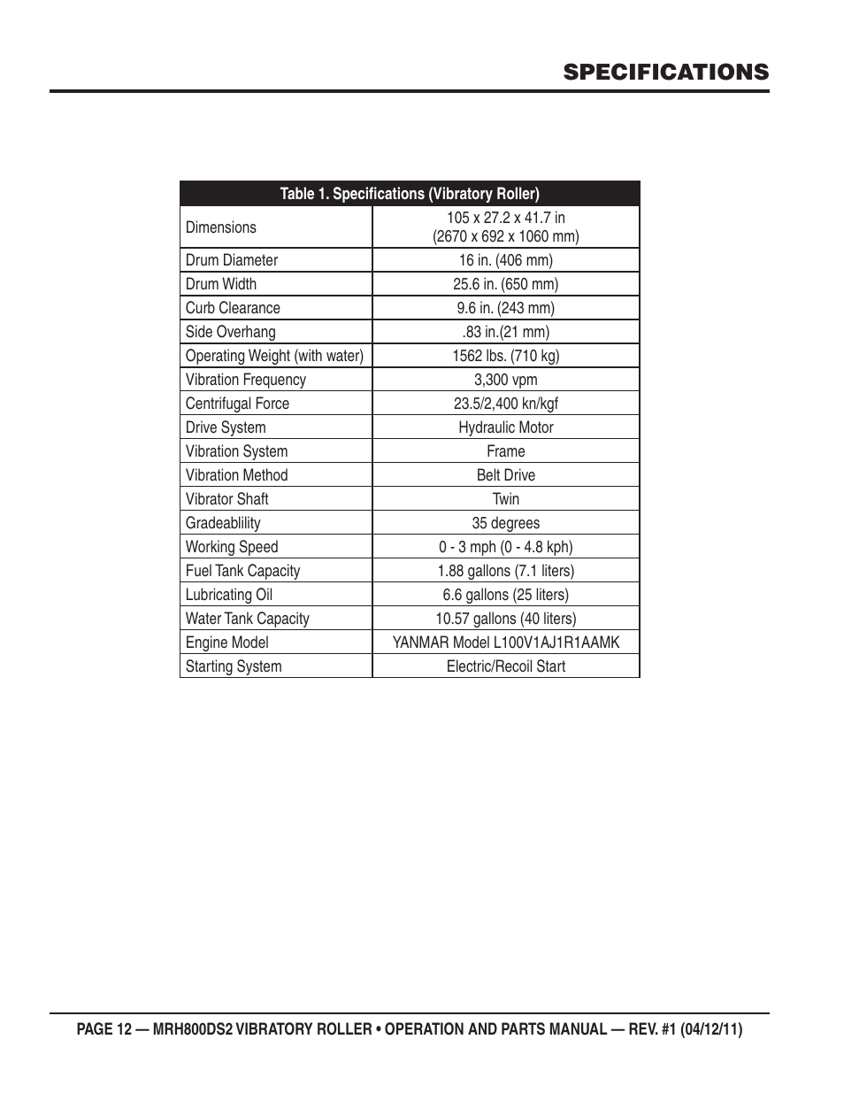 Specifications | Multiquip MRH800DS2 User Manual | Page 12 / 92