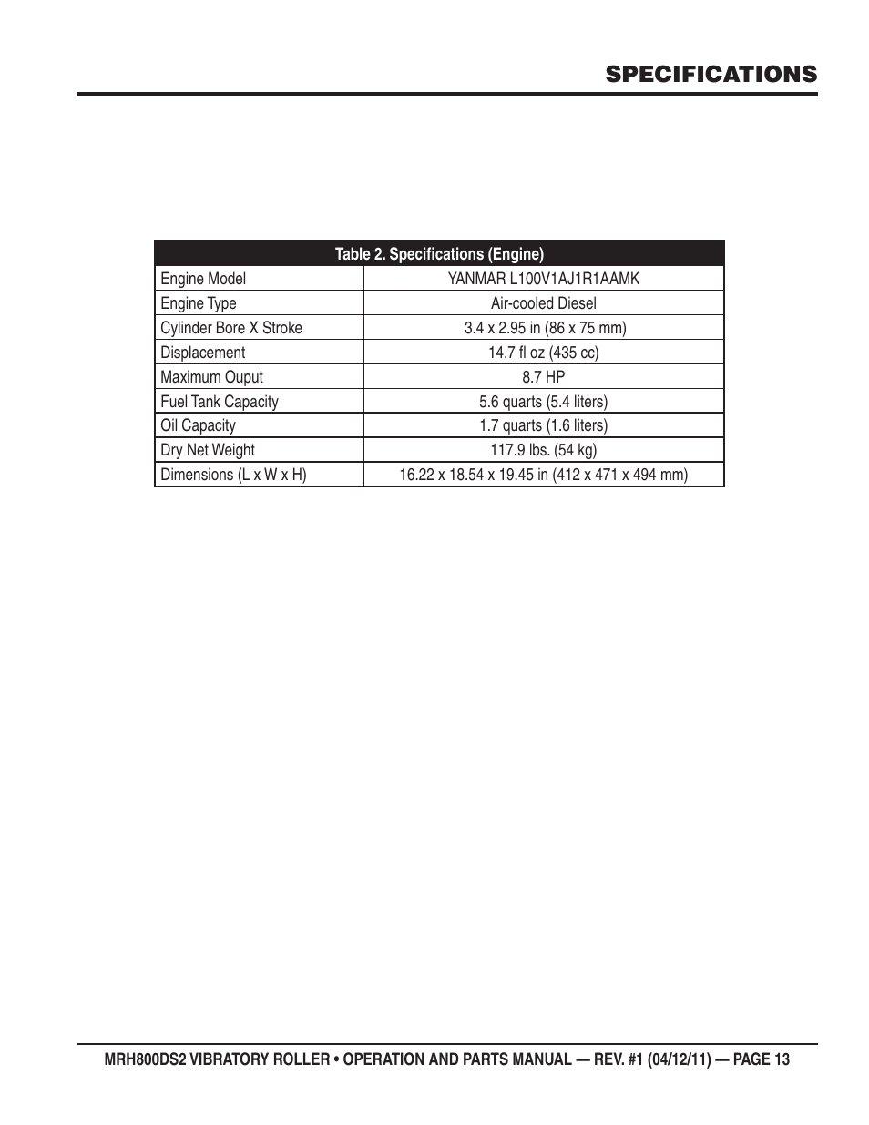 Specifications | Multiquip MRH800DS2 User Manual | Page 13 / 92
