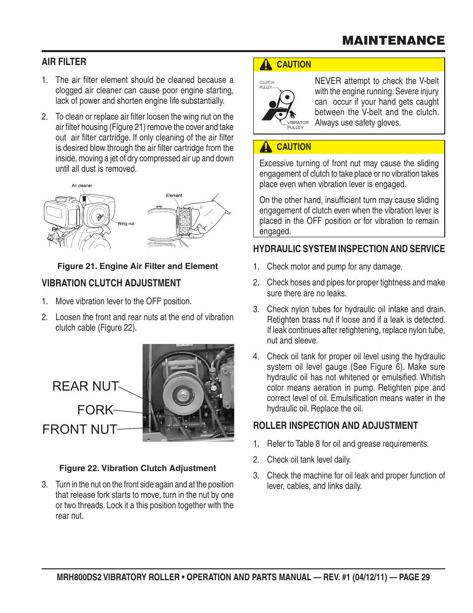 Rear nut fork front nut, Maintenance | Multiquip MRH800DS2 User Manual | Page 29 / 92