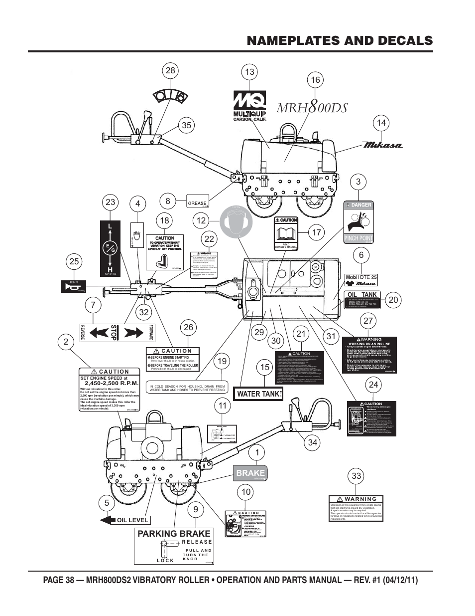 Mrh 00ds, Nameplates and decals, Parking brake | Brake, Water tank, Npa-629, Npa-564 j, St op | Multiquip MRH800DS2 User Manual | Page 38 / 92