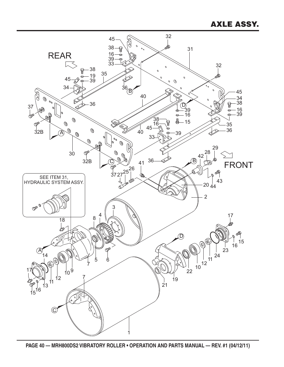 Rear, Front, Axle assy | Multiquip MRH800DS2 User Manual | Page 40 / 92