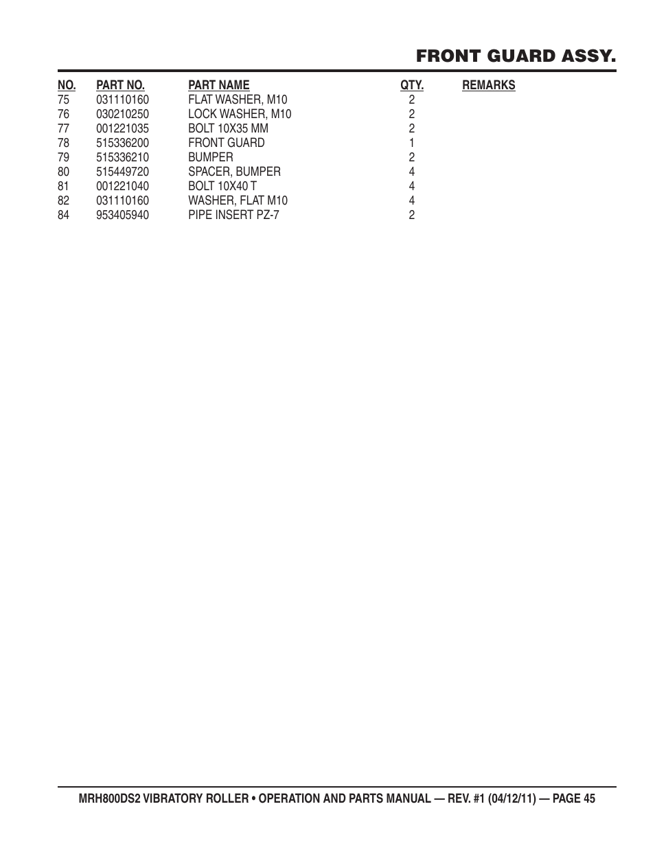 Front guard assy | Multiquip MRH800DS2 User Manual | Page 45 / 92