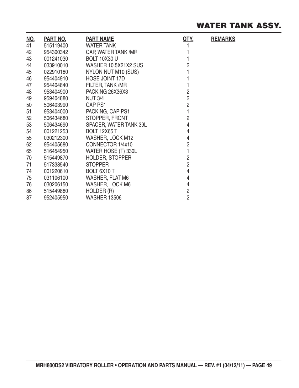 Water tank assy | Multiquip MRH800DS2 User Manual | Page 49 / 92