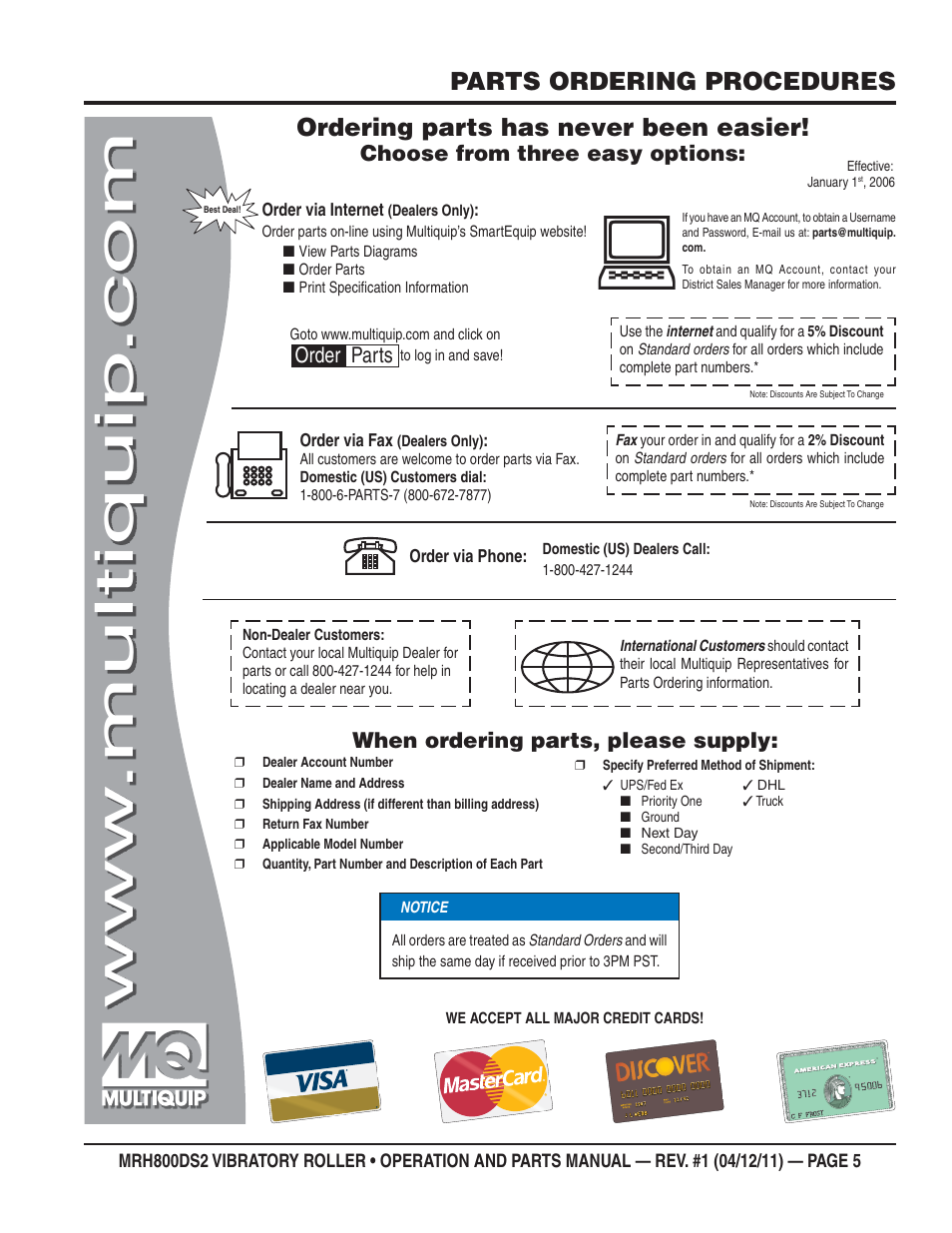 Parts ordering procedures, Ordering parts has never been easier, Choose from three easy options | When ordering parts, please supply, Order parts | Multiquip MRH800DS2 User Manual | Page 5 / 92