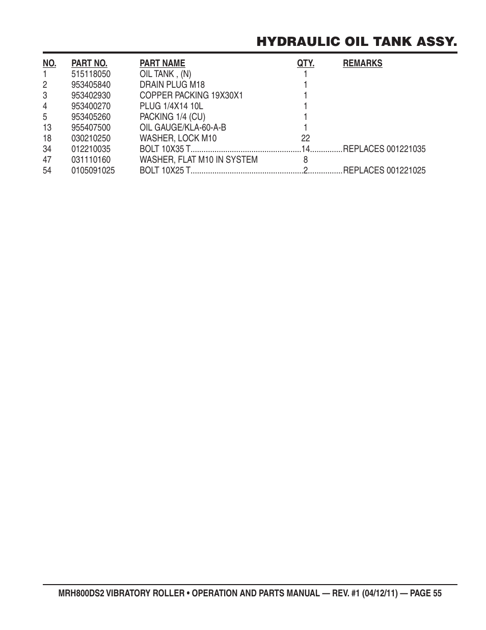 Hydraulic oil tank assy | Multiquip MRH800DS2 User Manual | Page 55 / 92