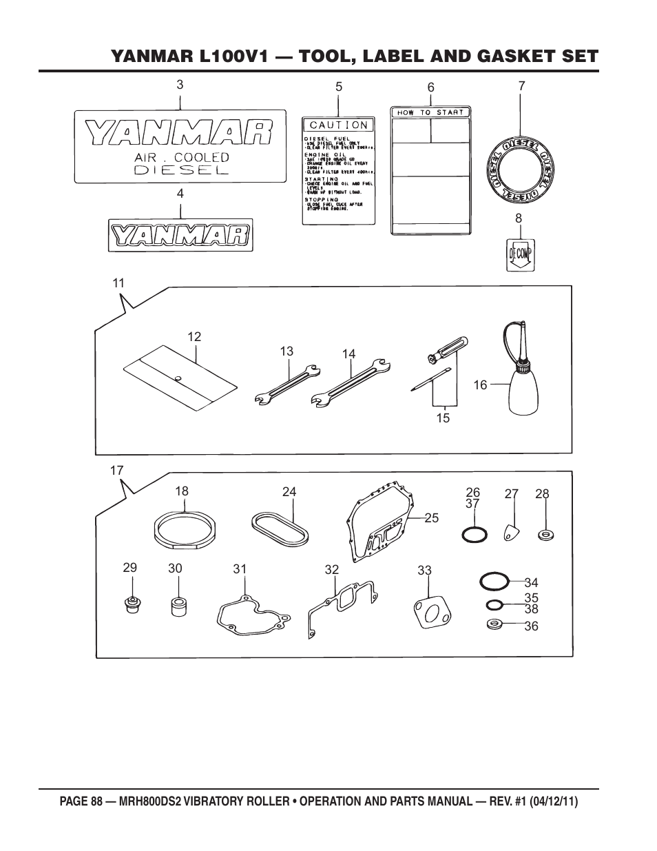 Yanmar l100v1 — tool, label and gasket set | Multiquip MRH800DS2 User Manual | Page 88 / 92