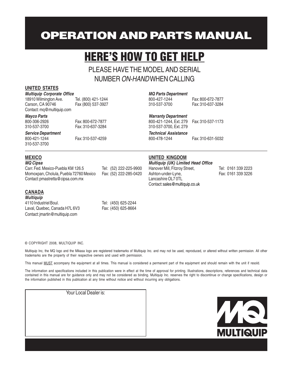 Here’s how to get help, Operation and parts manual, On-hand | Please have the model and serial number, When calling | Multiquip MRH800GS User Manual | Page 112 / 112