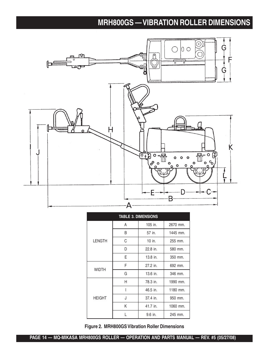 Mrh800gs — vibration roller dimensions | Multiquip MRH800GS User Manual | Page 14 / 112