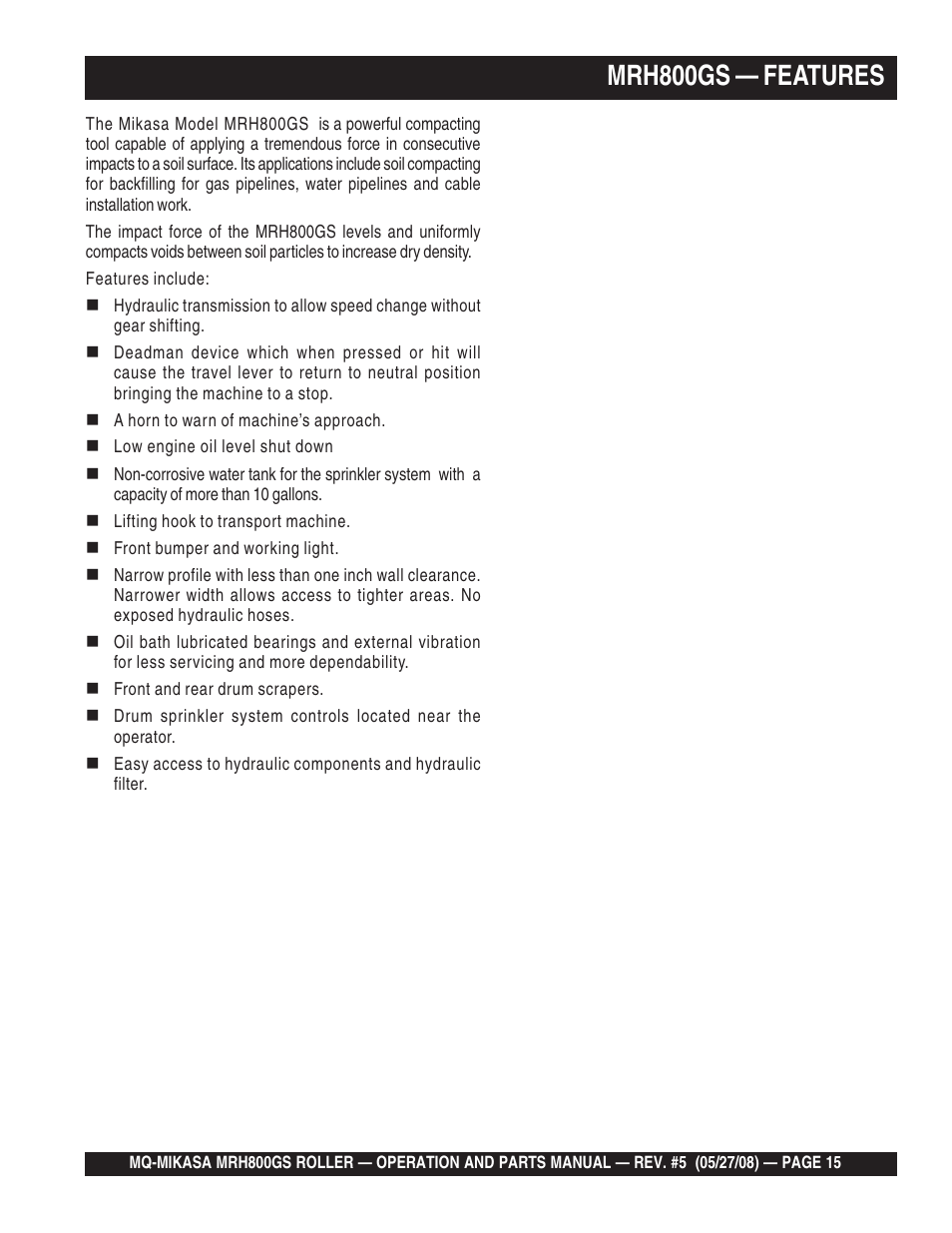 Mrh800gs — features | Multiquip MRH800GS User Manual | Page 15 / 112