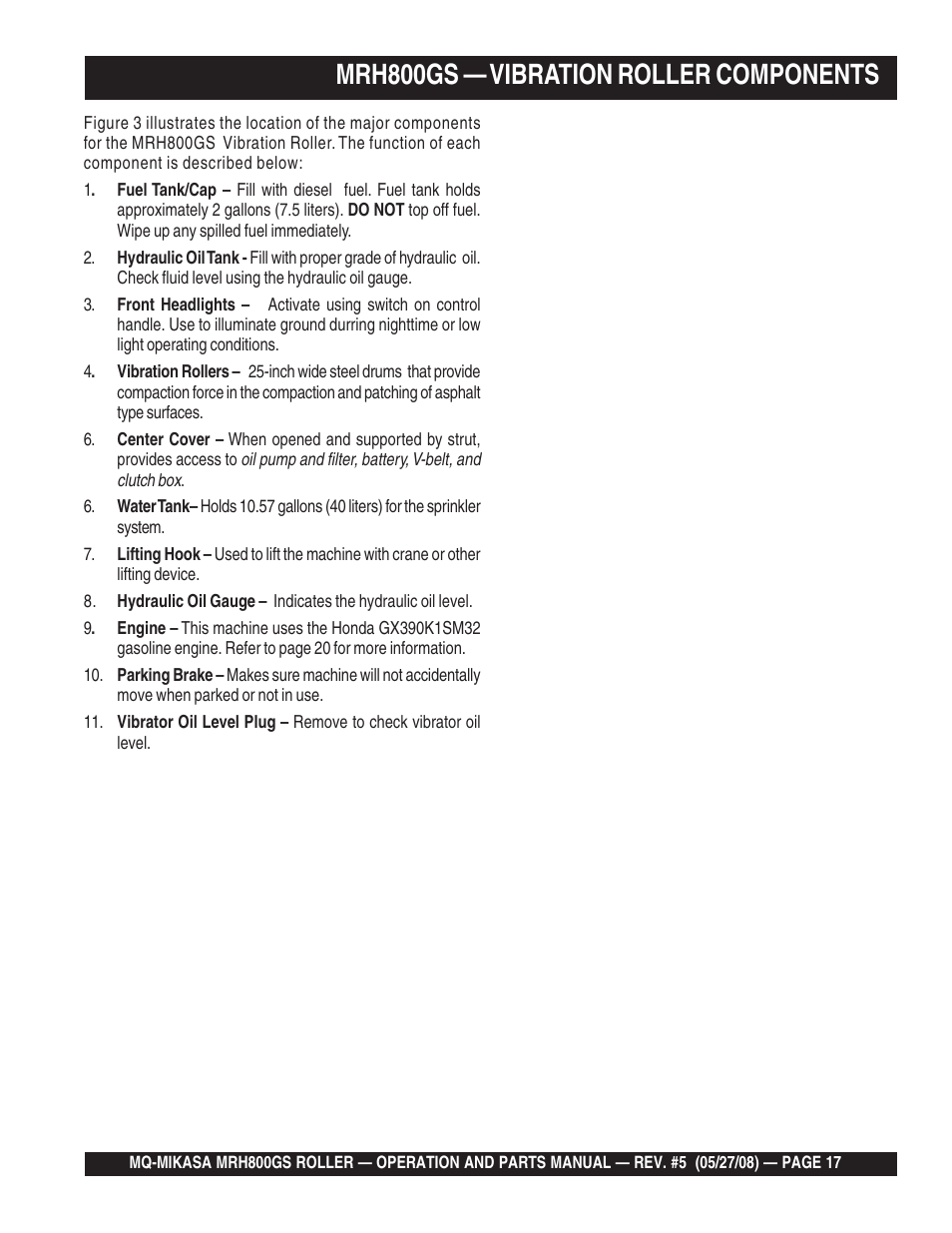 Mrh800gs — vibration roller components | Multiquip MRH800GS User Manual | Page 17 / 112