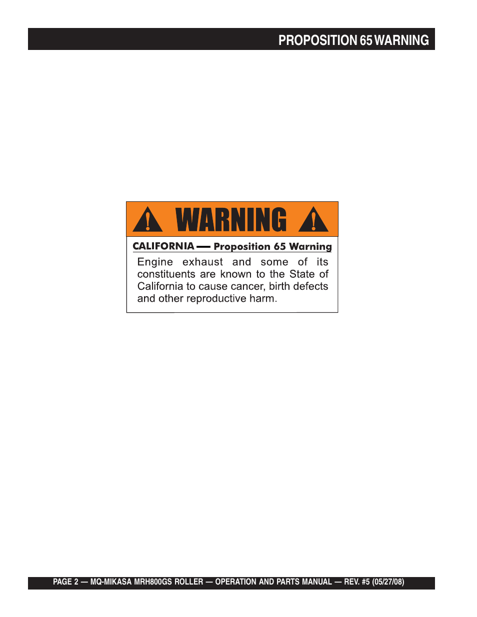 Proposition 65 warning | Multiquip MRH800GS User Manual | Page 2 / 112