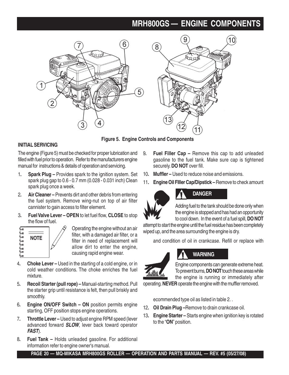 Mrh800gs — engine components | Multiquip MRH800GS User Manual | Page 20 / 112