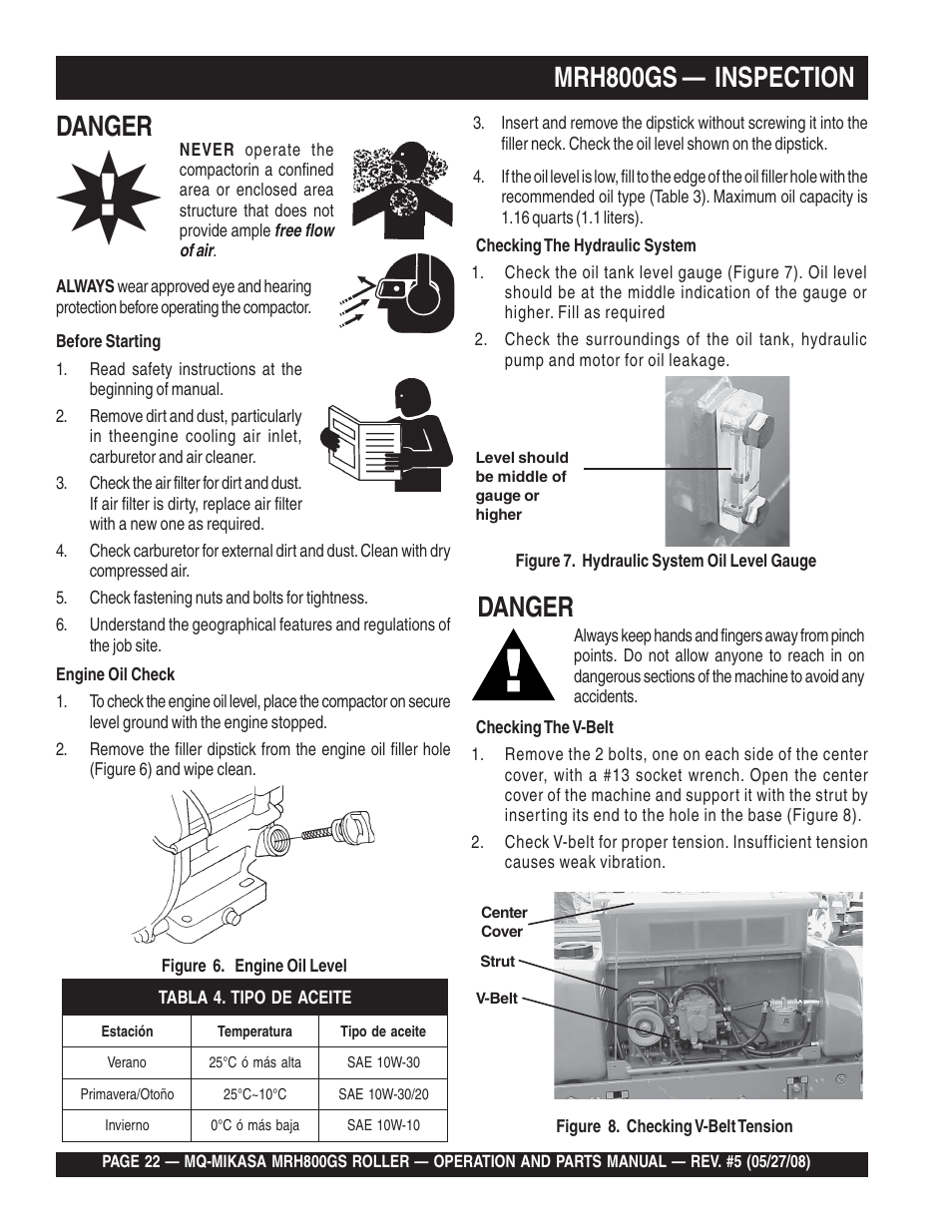 Mrh800gs — inspection, Danger | Multiquip MRH800GS User Manual | Page 22 / 112