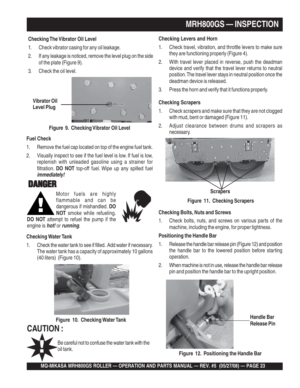 Mrh800gs — inspection, Caution, Danger | Multiquip MRH800GS User Manual | Page 23 / 112