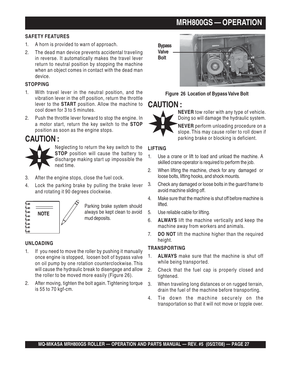 Mrh800gs — operation, Caution | Multiquip MRH800GS User Manual | Page 27 / 112