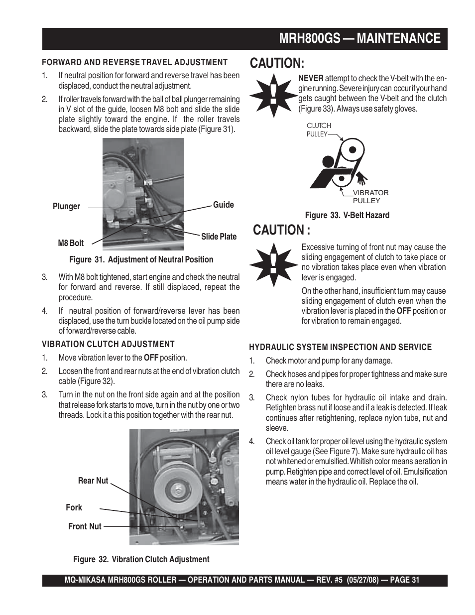 Mrh800gs — maintenance, Caution | Multiquip MRH800GS User Manual | Page 31 / 112