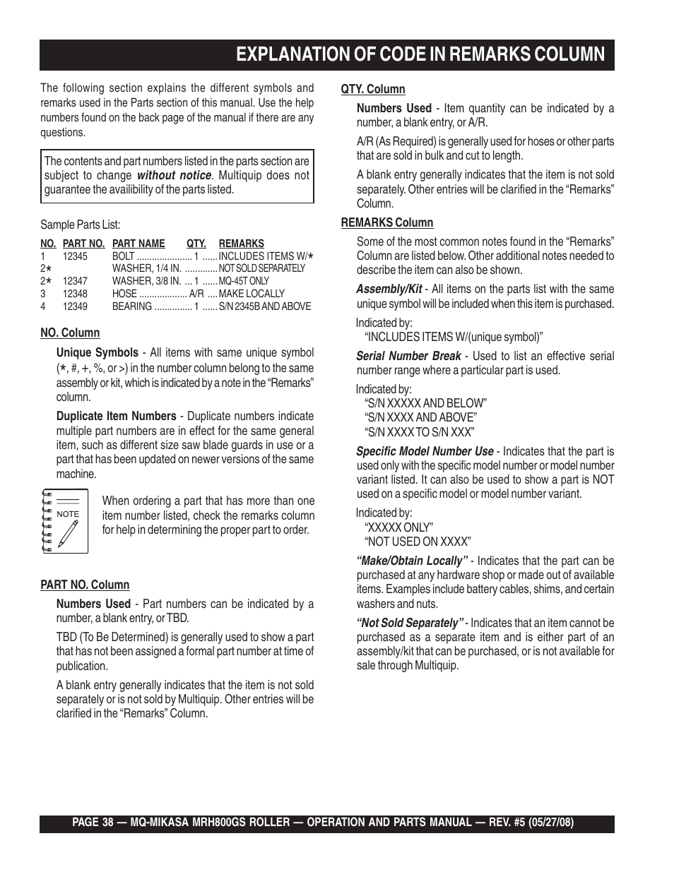 Explanation of code in remarks column | Multiquip MRH800GS User Manual | Page 38 / 112