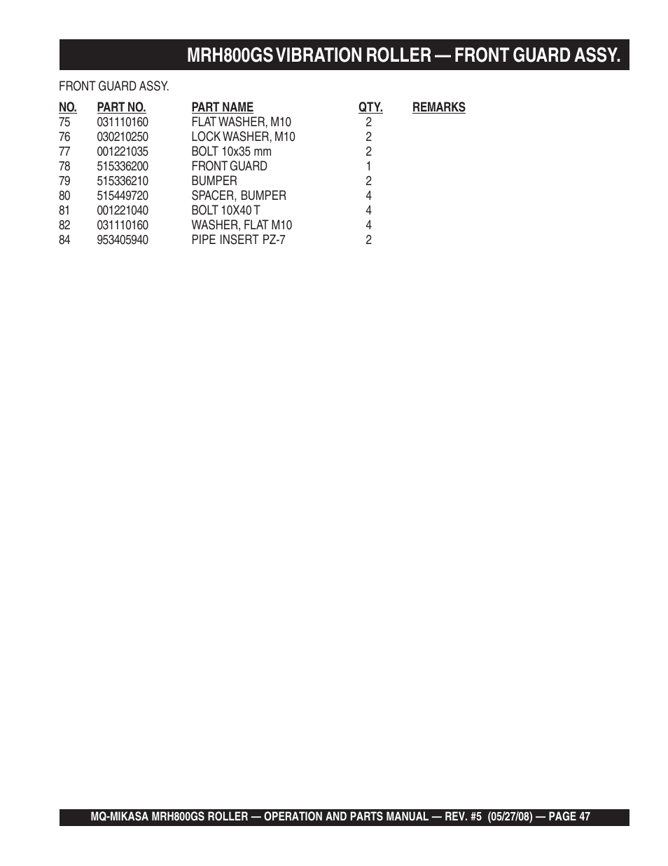 Mrh800gs vibration roller — front guard assy | Multiquip MRH800GS User Manual | Page 47 / 112