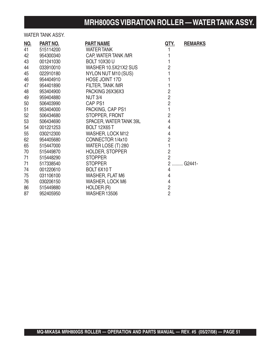 Mrh800gs vibration roller — water tank assy | Multiquip MRH800GS User Manual | Page 51 / 112