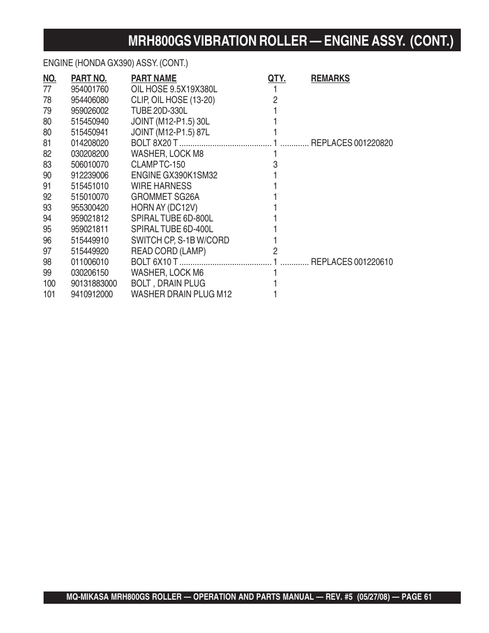 Mrh800gs vibration roller — engine assy. (cont.) | Multiquip MRH800GS User Manual | Page 61 / 112