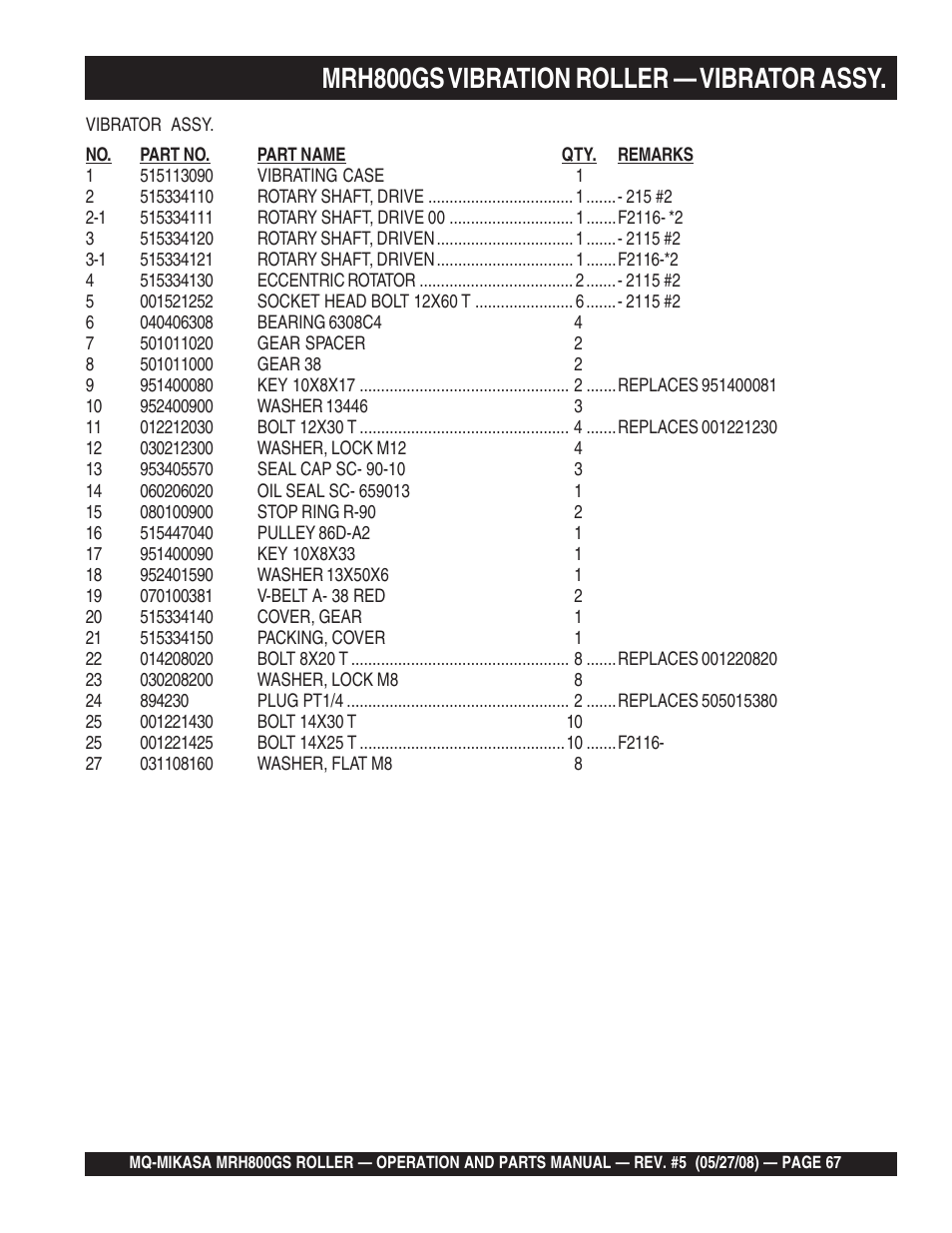Mrh800gs vibration roller — vibrator assy | Multiquip MRH800GS User Manual | Page 67 / 112