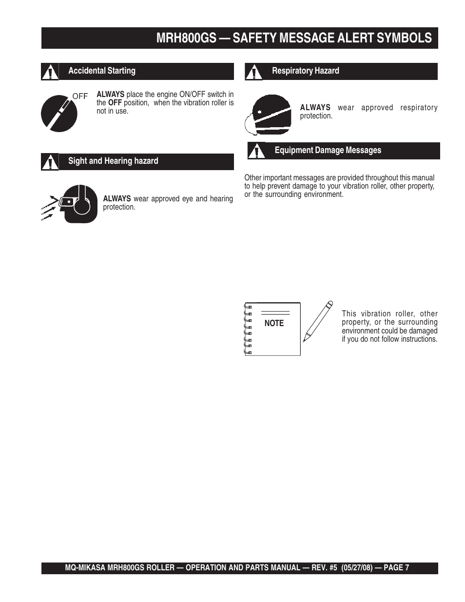Mrh800gs — safety message alert symbols | Multiquip MRH800GS User Manual | Page 7 / 112