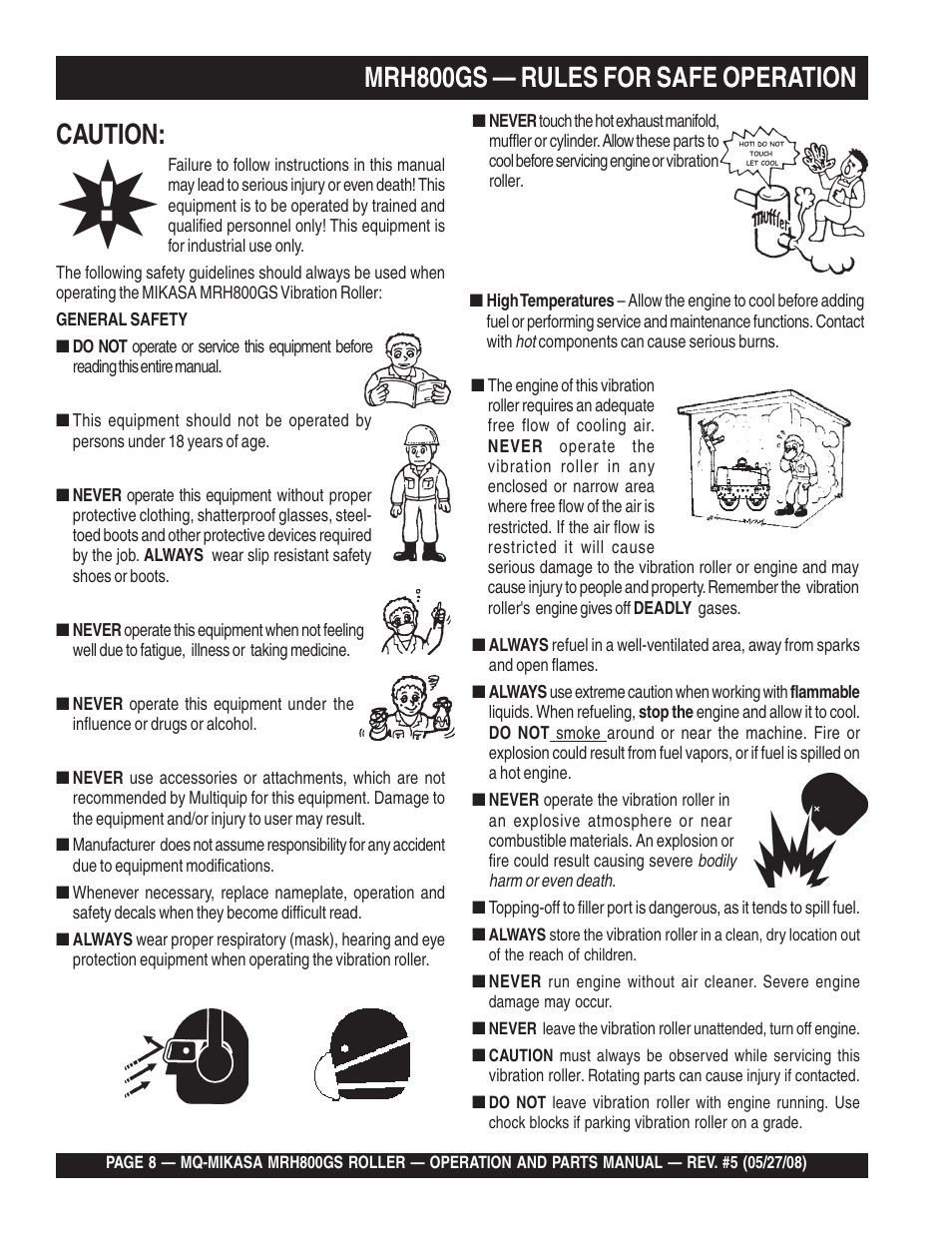 Mrh800gs — rules for safe operation, Caution | Multiquip MRH800GS User Manual | Page 8 / 112