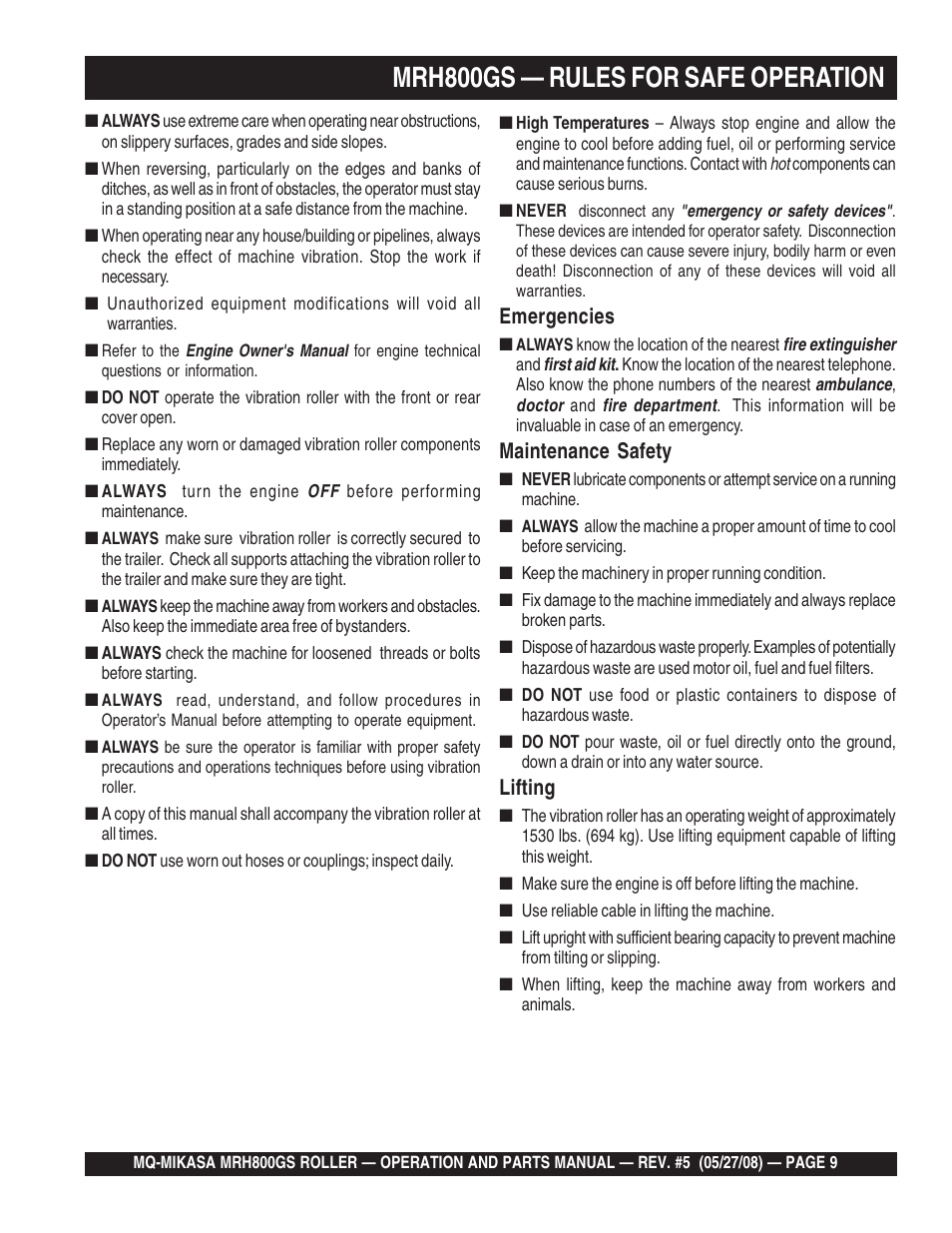 Mrh800gs — rules for safe operation, Emergencies, Maintenance safety | Lifting | Multiquip MRH800GS User Manual | Page 9 / 112