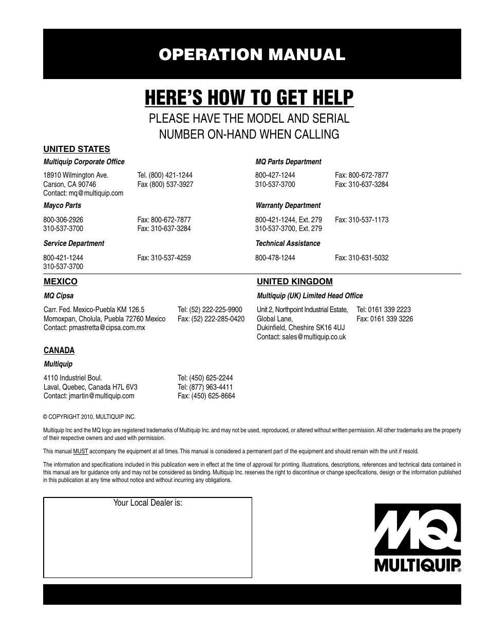 Here’s how to get help, Operation manual | Multiquip RX 1510-C/-I/-CI User Manual | Page 101 / 101