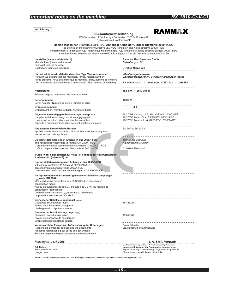 Rx 1510-c/-i/-ci | Multiquip RX 1510-C/-I/-CI User Manual | Page 16 / 101