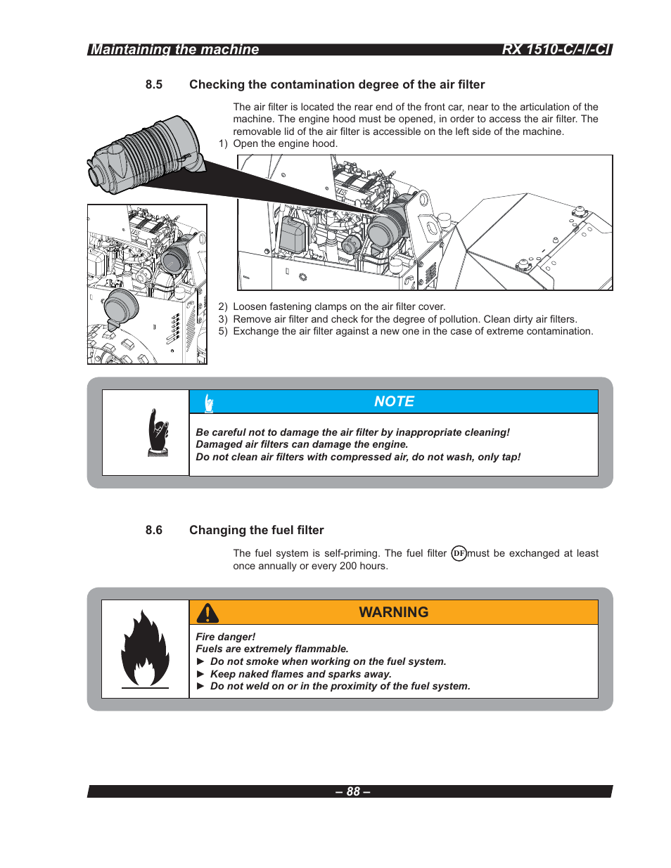 Rx 1510-c/-i/-ci, Warning, Maintaining the machine | Multiquip RX 1510-C/-I/-CI User Manual | Page 88 / 101