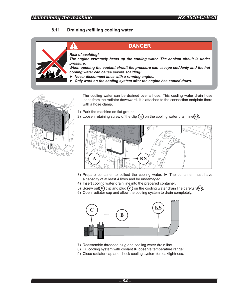 Rx 1510-c/-i/-ci, Ks a ks c b, Danger | Maintaining the machine | Multiquip RX 1510-C/-I/-CI User Manual | Page 94 / 101