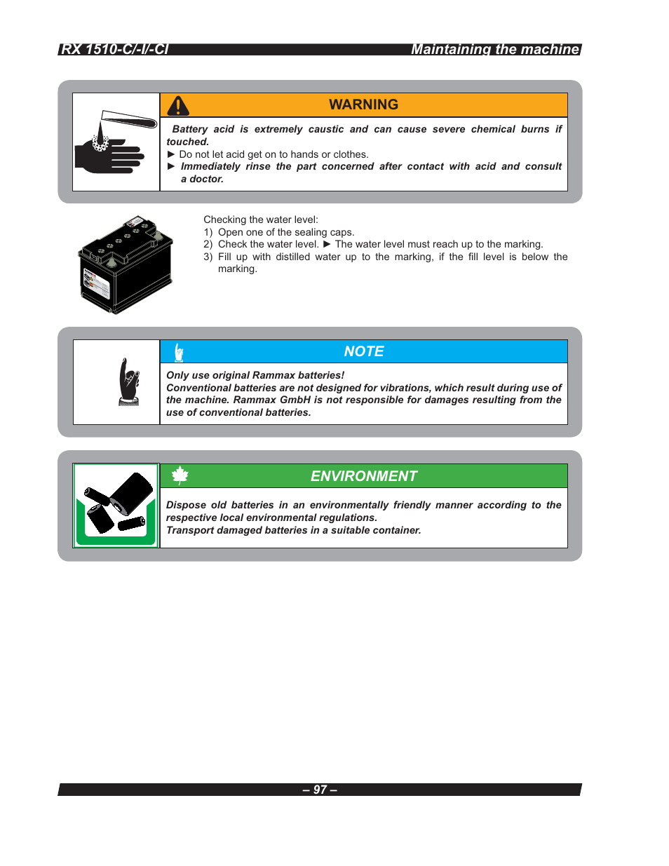 Rx 1510-c/-i/-ci, Environment, Warning maintaining the machine | Multiquip RX 1510-C/-I/-CI User Manual | Page 97 / 101