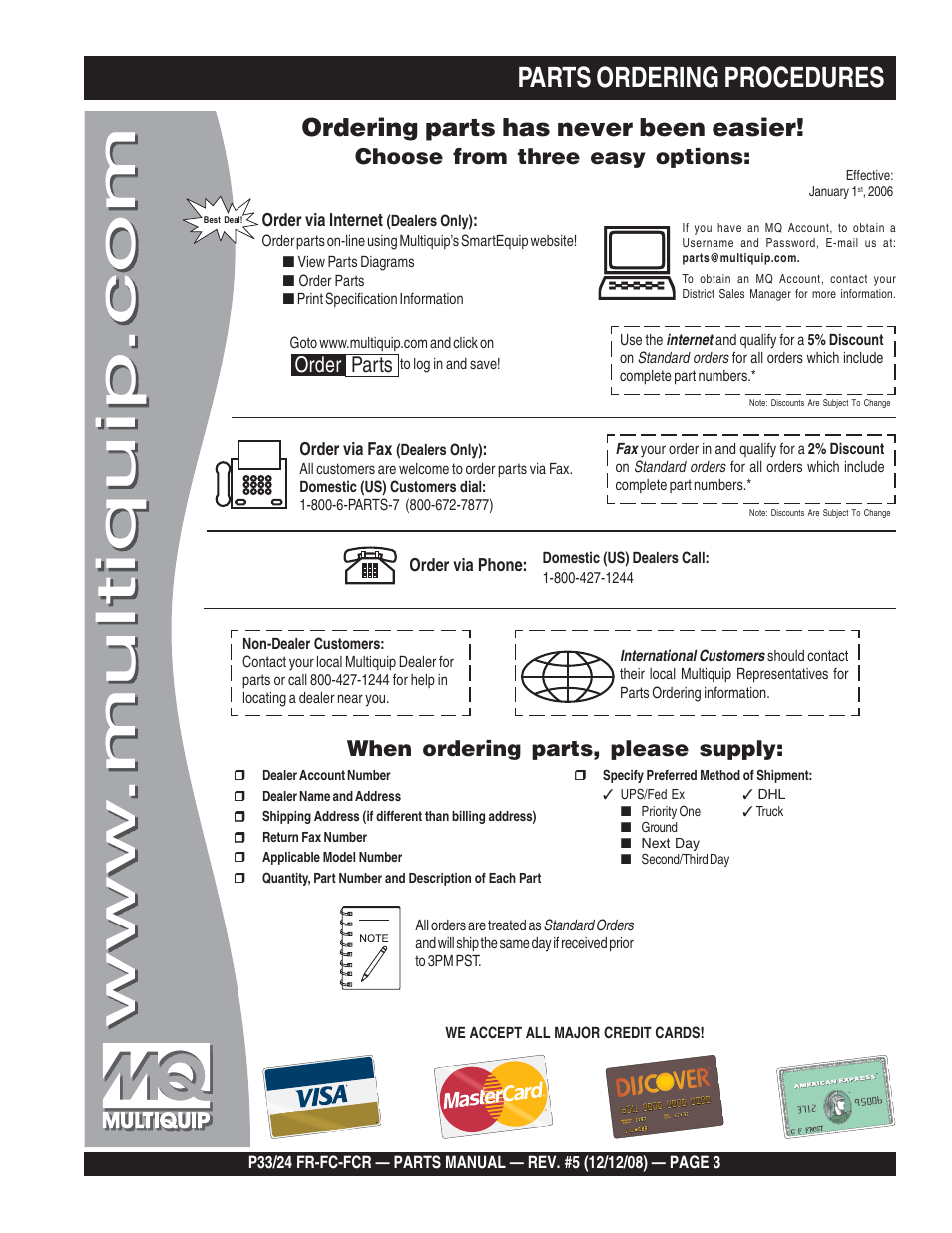 Parts ordering procedures, Ordering parts has never been easier, Choose from three easy options | When ordering parts, please supply, Order parts | Multiquip P33/24 FR/FC/FCR User Manual | Page 3 / 54