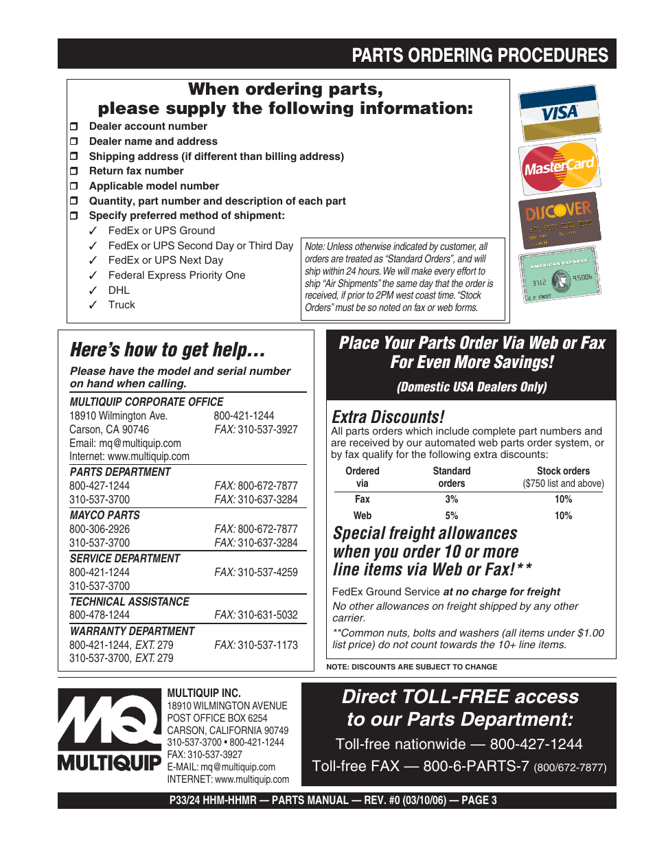 Parts ordering procedures, Direct toll-free access to our parts department, Here’s how to get help | Extra discounts | Multiquip P33/24 HHM/HHMR/HHMR-BD User Manual | Page 3 / 96