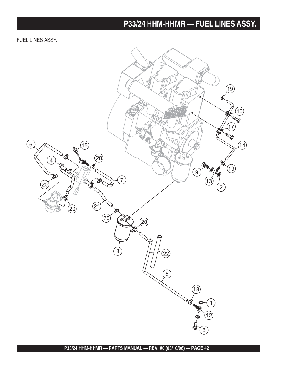 P33/24 hhm-hhmr — fuel lines assy | Multiquip P33/24 HHM/HHMR/HHMR-BD User Manual | Page 42 / 96