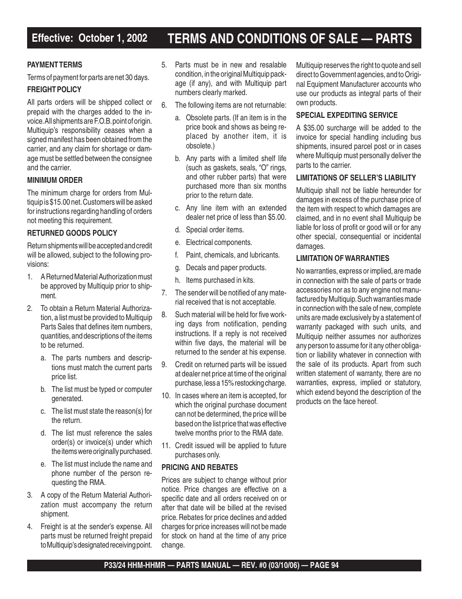 Terms and conditions of sale — parts | Multiquip P33/24 HHM/HHMR/HHMR-BD User Manual | Page 94 / 96