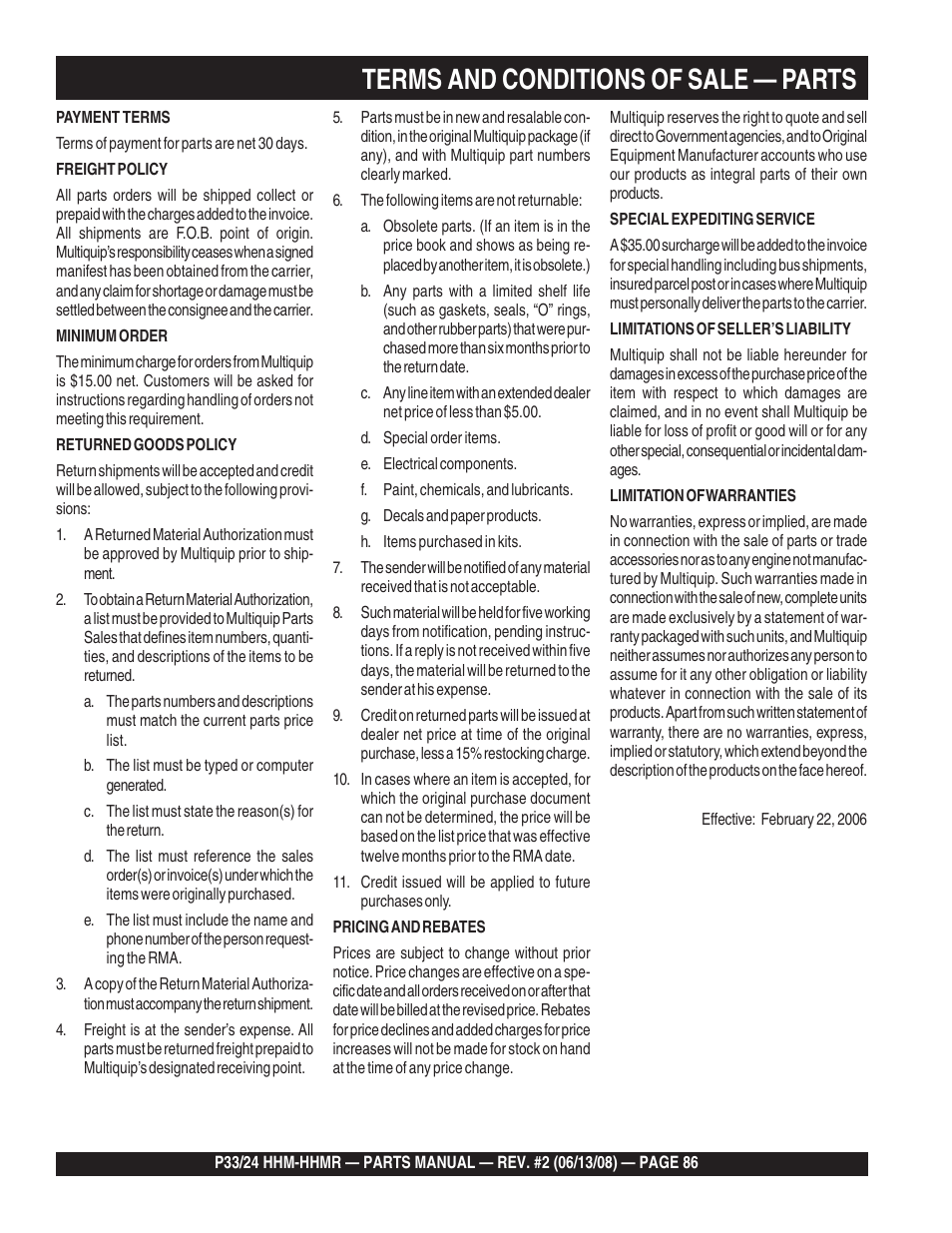 Terms and conditions of sale — parts | Multiquip P33/24 HHM/HHMR User Manual | Page 86 / 88