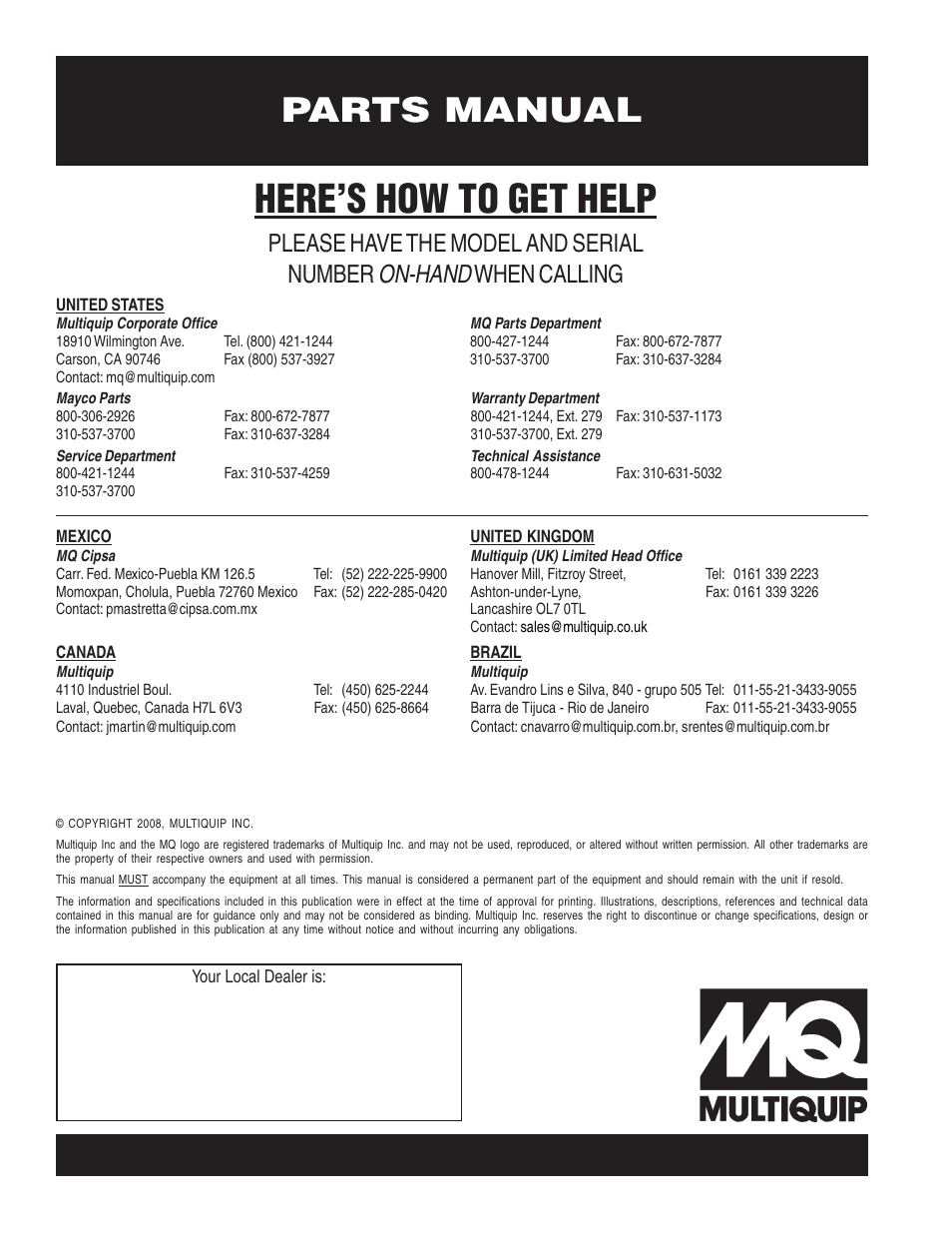 Here’s how to get help, Parts manual, On-hand | Please have the model and serial number, When calling | Multiquip P33/24 HHM/HHMR User Manual | Page 88 / 88