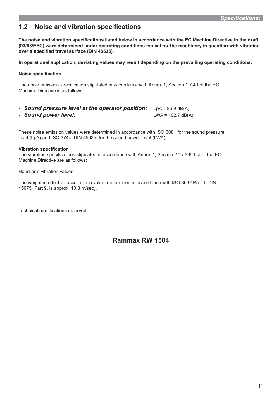 2 noise and vibration speciﬁ cations, Rammax rw 1504 | Multiquip P33/24 HHMR User Manual | Page 11 / 39