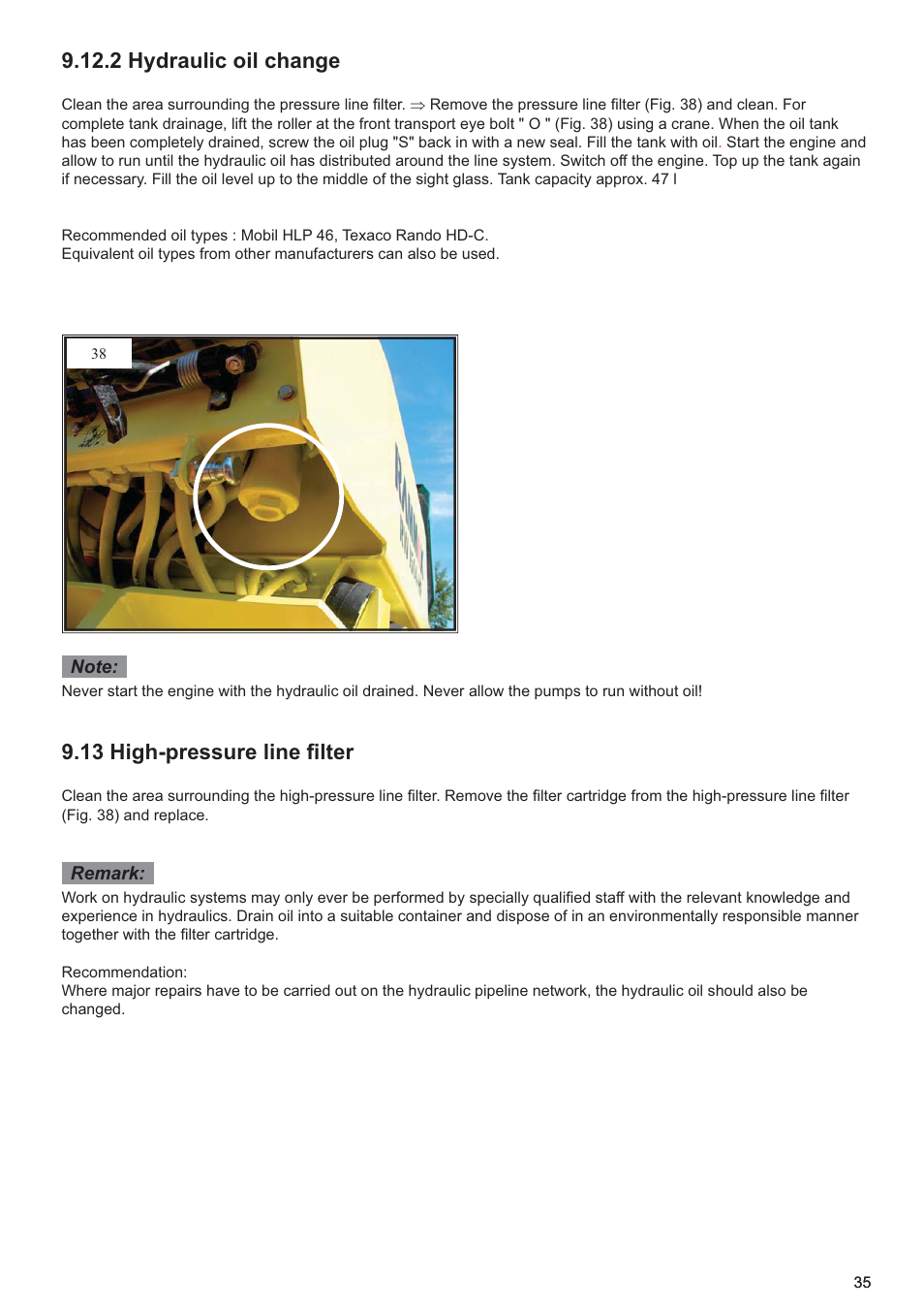 2 hydraulic oil change, 13 high-pressure line ﬁ lter | Multiquip P33/24 HHMR User Manual | Page 35 / 39