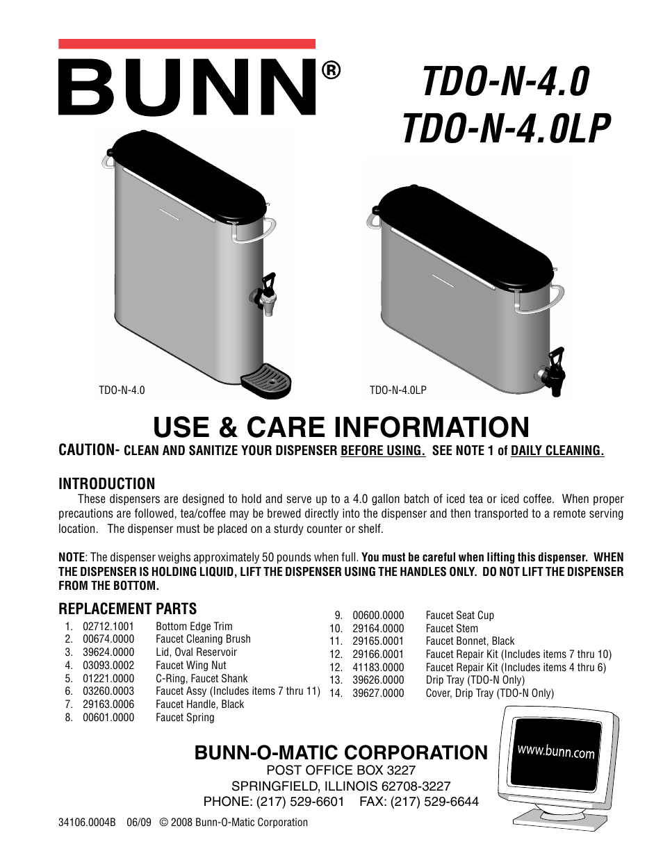 Bunn TDO-N-4.0 User Manual | 2 pages